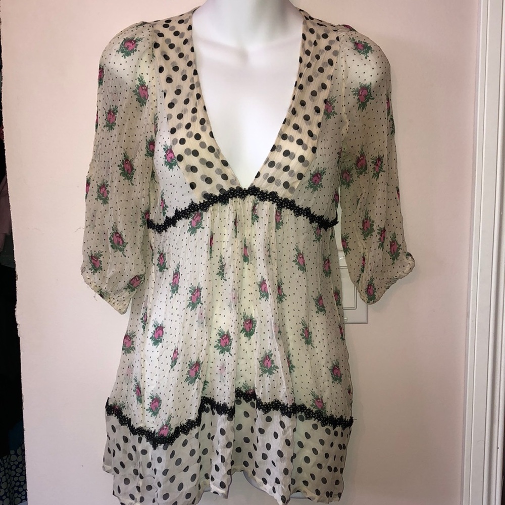 Lux 100% Silk sheer floral polka dot boho top